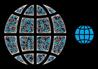 Fototapeta premium Magic mesh vector Earth globe with glow effect. White mesh, light spots on a black background with Earth globe icon. Mesh and glowing elements are placed on different layers.