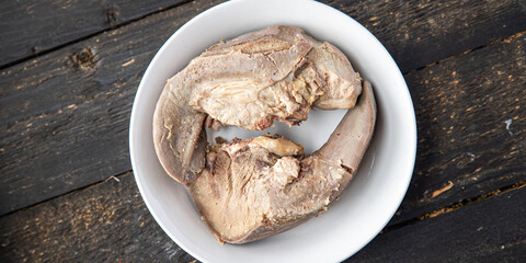 tongue pork meat in plate on the table cooked fresh meal snack copy space food background rustic 