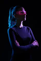 Zelfklevend Fotobehang Concept of future technology or entertainment system, virtual reality. Female portrait lit by HUD interface © konradbak