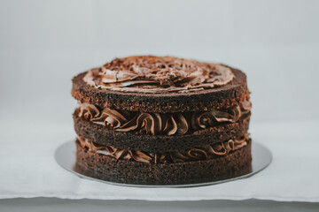 Delicious rich dark chocolate cake on white background. Beautiful tasty sweet dessert with multiple layers decorated with brown frosting