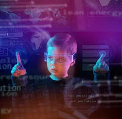 Foto op Plexiglas anti-reflex Cute little boy using digital glasses. sci-fi, earth awareness, future mind controlling concept © konradbak