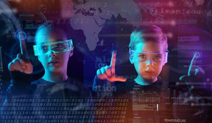 Poster Im Rahmen Little boy with his sister controlling digital environment. Future, mind controlling, digital interface concept. © konradbak
