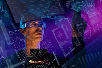 Poster Man controlling a futuristic digital interface © konradbak