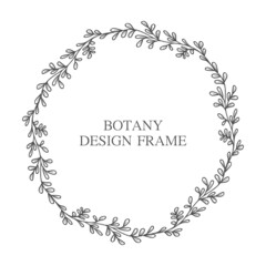 Geometric flower wreath with leaves and branches. Botany round frame isolated on white background. For wedding invitations, postcards, posters, labels of cosmetics and perfumes.
