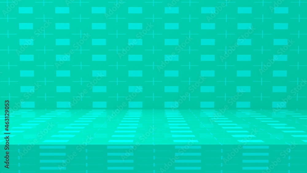 Poster green 3d room. bright light effect room background. empty studio table room background, product disp