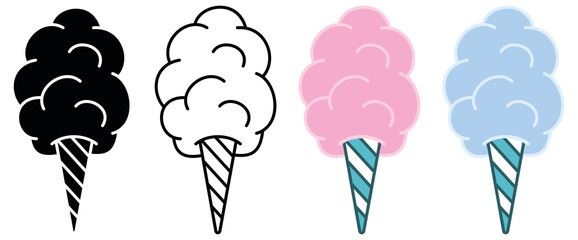 Cotton Candy Clipart Set - Outline, Silhouette, Colored