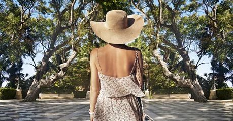 Wandcirkels aluminium Summer woman wearing hat. Vacation photo © konradbak