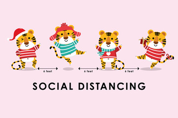 COVID-19 and social distancing infographic with cute tiger in Christmas costume. Animal holidays cartoon character in flat style. Corona virus protection. -Vector