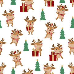 ute deer, reindeer in winter costume with red gift. Merry Christmas and happy new year greeting card.  Animal holidays cartoon character set.