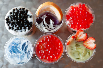 overhead shot of boba drinks