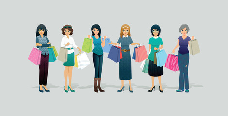 Obraz premium Woman holding shopping bags on gray background.