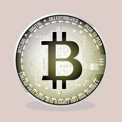 Silver cryptocurrency coin with bitcoin symbol.