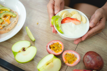 healthy clean food concept, Asian woman with fresh vegetable for diet lifestyle, happy vegetarian
