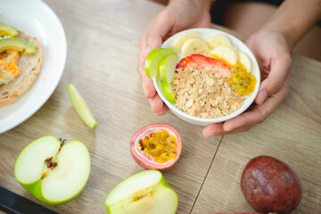 healthy clean food concept, Asian woman with fresh vegetable for diet lifestyle, happy vegetarian