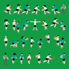 A set of pictures is a Rugby sports game. Players in uniform with a ball on a green field, the game. Stickers, sports pictures. Vector graphics for an album, advertisement, magazine, booklet.