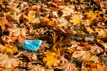 A used blue disposable medical mask was thrown to the ground. Medical mask on the ground in maple leaves. Environmental pollution with medical masks.