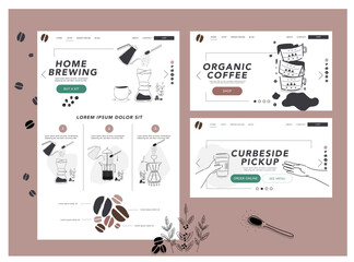 Set of flat web page design idea for cafe, coffee shop, bar, restaurant social media, business service. Modern vector hand drawn illustration. 