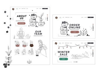 Set of flat web page design idea for cafe, coffee shop, bar, restaurant social media, business service. Modern vector hand drawn illustration. Simple avatars and staff profiles. 