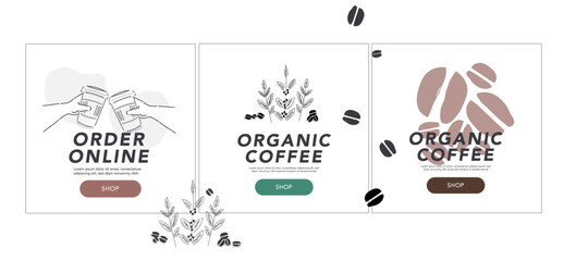 Set of flat web page design idea for cafe, coffee shop, bar, restaurant social media, business service. Modern vector hand drawn illustration. 