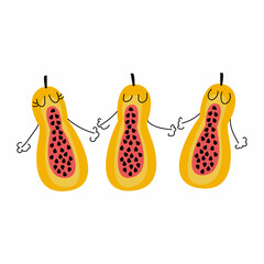 A funny print of three papayas with faces and hands holding each other. Vector illustration on white background.