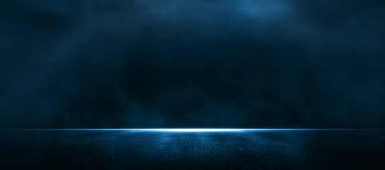 Asphalt blue dark street with smoke. Rays, spotlights light . Empty dark scene with neon light. © Miha Creative