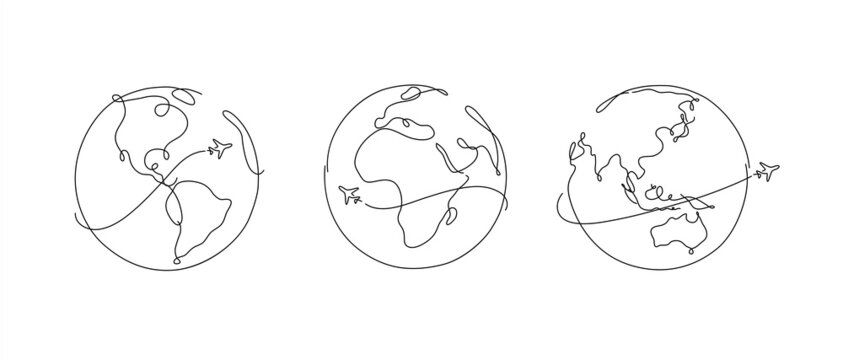 Hand drawing globe plane traveling in pen line style on white background