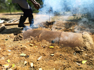 The traditional charcoal production process is simple for households to use the way of life of rural people in Thailand