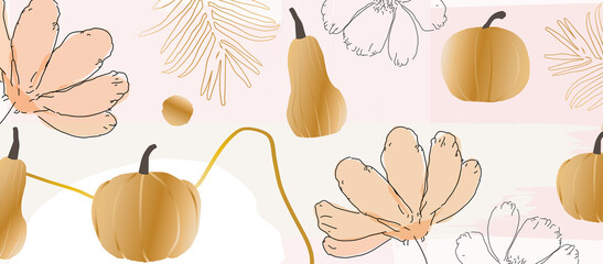 Flowers and pumpkins poster background, nature inspired, soft colors, elegant floral line art print. Botanical decorative design, vector illustration for spa, wellness, fabric, fashion