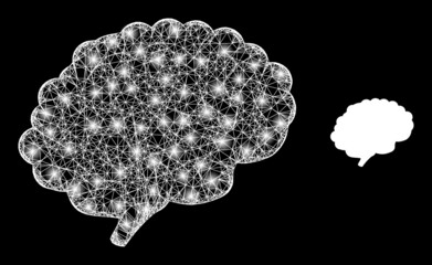 Glossy mesh vector brain organ with glare effect. White mesh, glare spots on a black background with brain organ icon. Mesh and lightspot elements are placed on different layers.