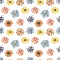 Wildflowers hand drawn Seamless Pattern, Watercolor Meadow flowers paper, Field Herbs repeat paper, floral printing design, textile print, scrapbooking