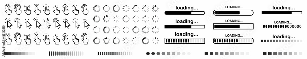 Poster Hand clicking icon collection.Pointer click icon. Loading icon design.Set of Hand Cursor icons click and Cursor icons click. Click cursor icon.