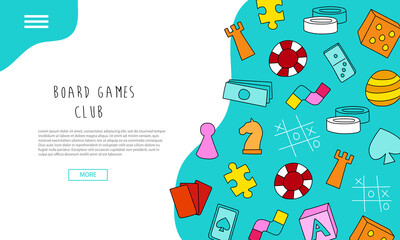 Board games club - text banners. Hand drawn landing page - Board Game Community. Colorful cartoon style