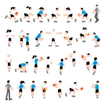 A set of pictures is a Rugby sports game. Players in uniform with a ball on a white background, the game. Stickers, sports pictures. Vector graphics for an album, advertisement, magazine, booklet.