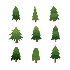 Christmas trees set. Different Firs collection isolation on a white background. Vector flat hand drawn icons.