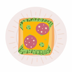 Sandwich with cheese, sausage on plate. Vector Illustration for backgrounds, wallpapers, covers, packaging, greeting cards, posters, stickers, textile, seasonal design. Isolated on white background.
