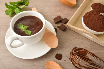 Detail of freshly prepared hot chocolate on kitchen bench elevated