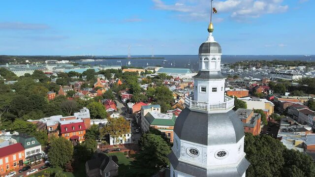 aerial drone of Maryland State House, Annapolis with city