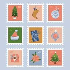 Set of stamps with Christmas holiday elements. Flat vector illustrations