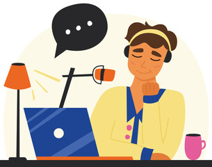 Interview, podcast or online interview. The character at the table is working at the laptop. Cover or poster.