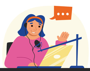 Cover for an interview, podcast, or job interview. The girl communicates on a laptop online and makes a recording using a microphone