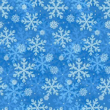 Winter blue background with snowflakes. Vector seamless pattern.