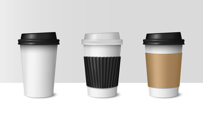 Set of Coffee Cup Mockups. Coffee Cup templates for take away. Realistic coffee paper cup mockup. Vector illustration