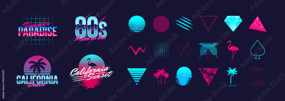 Wall mural 4 retro neon logo templates and 18 trendy elements to create your own design. design elements for t-
