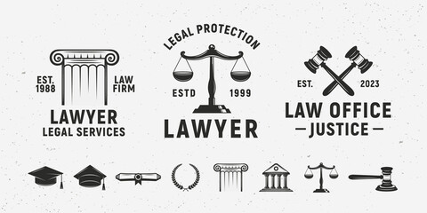 Set of 3 Lawyer services, Law Office vintage logo and 8 design elements. The Judge, Lawyer logo templates. Justice scales, gavel, court, ancient column icons. Vector illustration