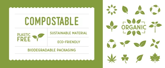 Foto op Aluminium Recycle eco tag template. 14 leaves icons for eco, biodegradable, compostable, recycle design. Vector illustration © Denys Holovatiuk