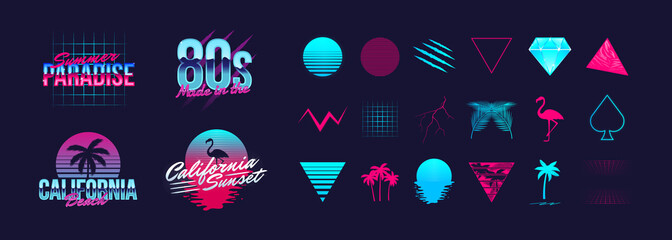 Fototapeta 4 Retro neon logo templates and 18 trendy elements to create your own design. Design elements for t-shirt, banner, poster, cover, badge, logo and label. Vector illustration obraz