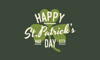 Happy Saint Patrick's Day logo. St.Patrick's day logo with green shamrock clover. Print for T-shirt, typography. Vector illustration