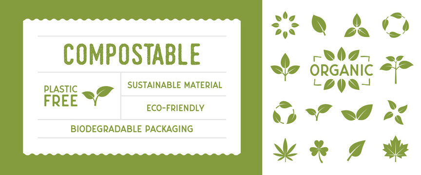 Recycle eco tag template. 14 leaves icons for eco, biodegradable, compostable, recycle design. Vector illustration