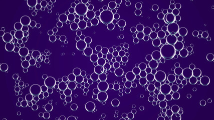 Oil white drops in water. Abstract purple background. Macro shot of various air bubbles in water rising up on light dark background. Suspended spheres of air in oil rest on surface of water