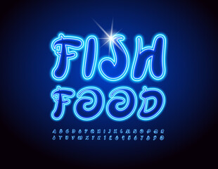 Vector Neon Sign Fish Food. Handwritten Blue Font. Glowing Alphabet Letters and Numbers set